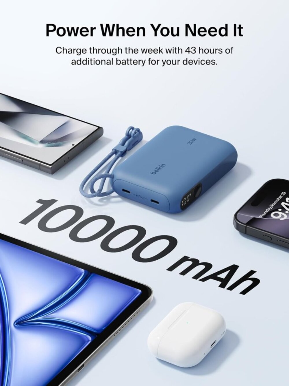 Belkin Slim 10,000mAh USB-C Portable Charger Power Bank - Blue - Picture 7 of 10